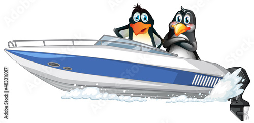 Penguins on a speed boat in cartoon style
