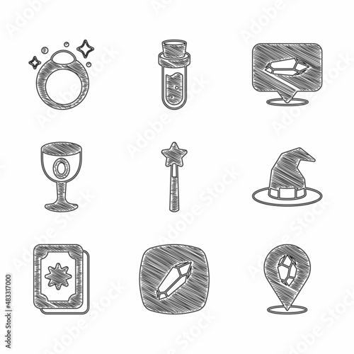 Set Magic wand, stone, Witch hat, Tarot cards, Medieval goblet, and ring icon. Vector