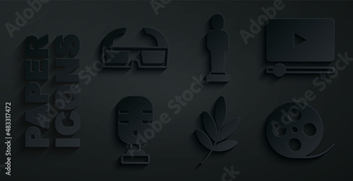 Set Movie trophy, Online play video, Microphone, Film reel, and 3D cinema glasses icon. Vector