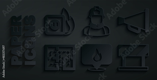 Set Location with fire flame, Megaphone, Evacuation plan, Road barrier, Firefighter and Electric wiring of socket in icon. Vector