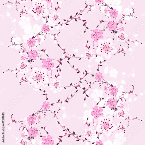 Blossoming branches of Japanese cherry on light lilac background in a random arrangement square format suitable for textile. Pink Sakura seamless texture, EPS 10 vector