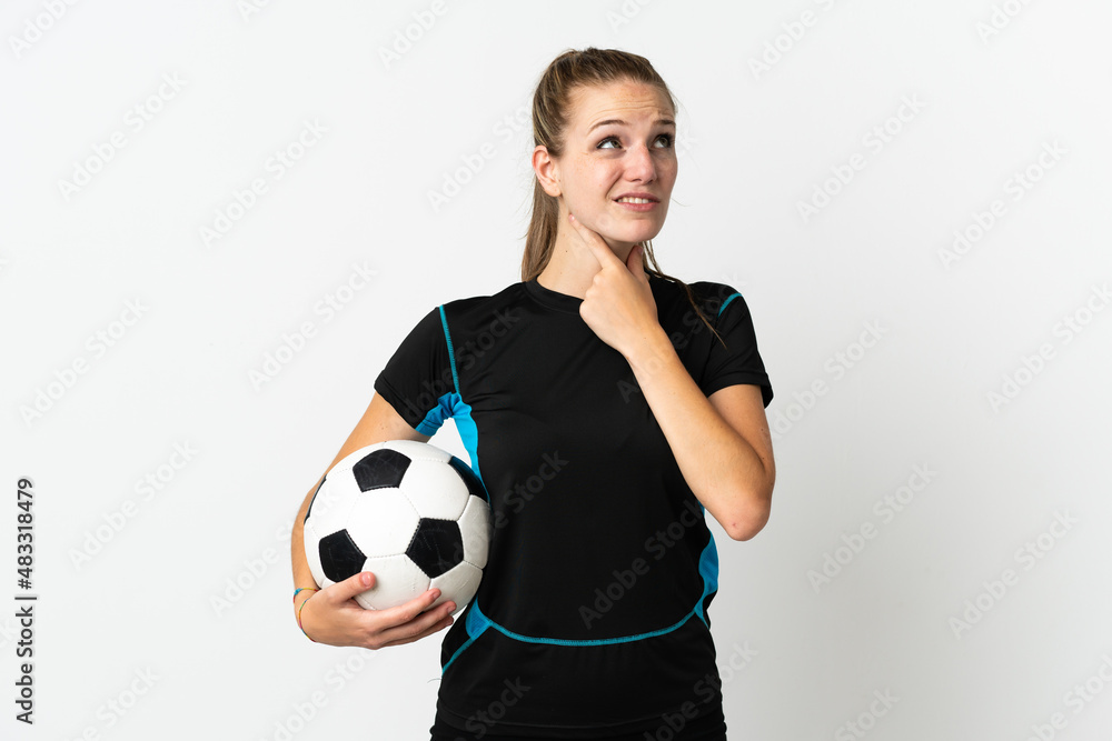 Young football player woman isolated on white background having doubts Young football player woman isolated on white background having doubts