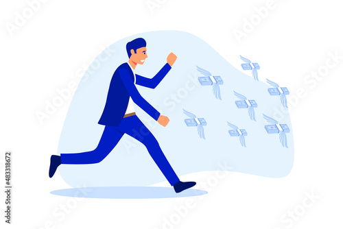 businessman chasing money, Businessman catches moneys. The concept of the desire for wealth. flat Vector illustration, man chasing money, runs after flying dollar bills