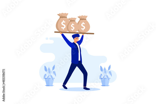 Leverage financial growth, Money bag, Gold coin, joyful businessman with bags of money. vector illustration 