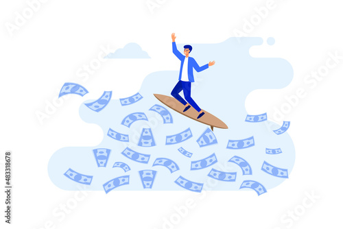 Wealthy businessman. Businessman surfing financial seas. Riding dollar cash money waves on surfboard showing victory gesture. Successful trader on peak of profitability. Business success concept.
