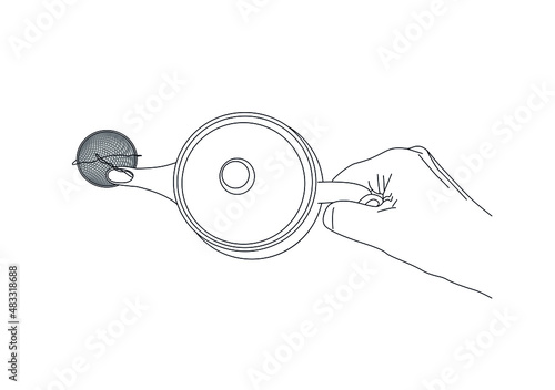 female hand holds a kettle top view. . vector stock illustration. outline