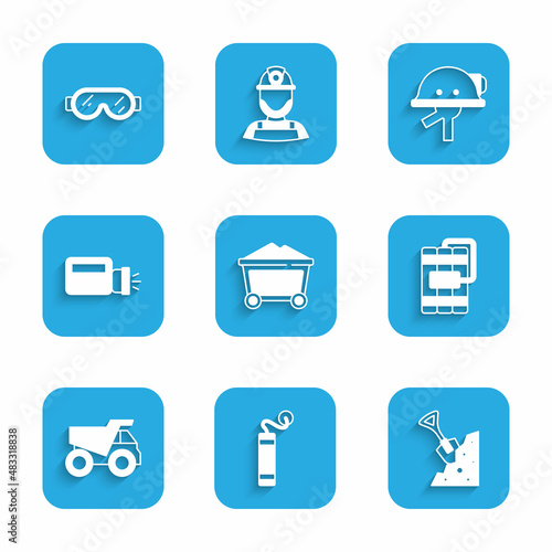 Set Mine coal trolley, Dynamite, Shovel and stone, Mining dump truck, Flashlight, Miner helmet and Safety goggle glasses icon. Vector