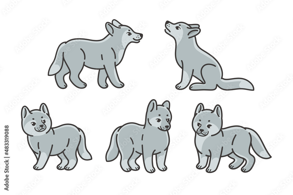 Cartoon wolf icon set. Cute animal character in different poses. Cartoon wolf icon set. Cute animal character in different poses.