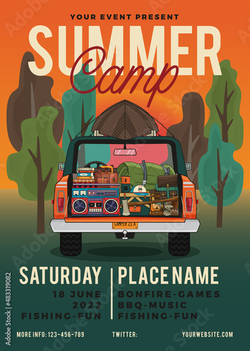 Vector poster with vintage car and Summer Camp inscription