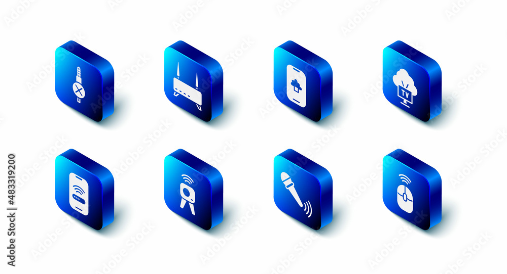 Set Router and wi-fi signal, Cloud technology data, Smart Tv, Wireless computer mouse, microphone, Web camera, Mobile with wireless and No audio jack icon. Vector Set Router and wi-fi signal, Cloud technology data, Smart Tv, Wireless computer mouse, microphone, Web camera, Mobile with wireless and No audio jack icon. Vector