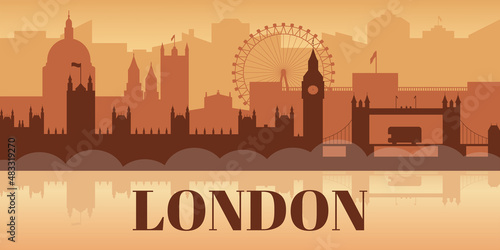 Skyline of London. Background of the cityscape of Great Britain. Foggy city.