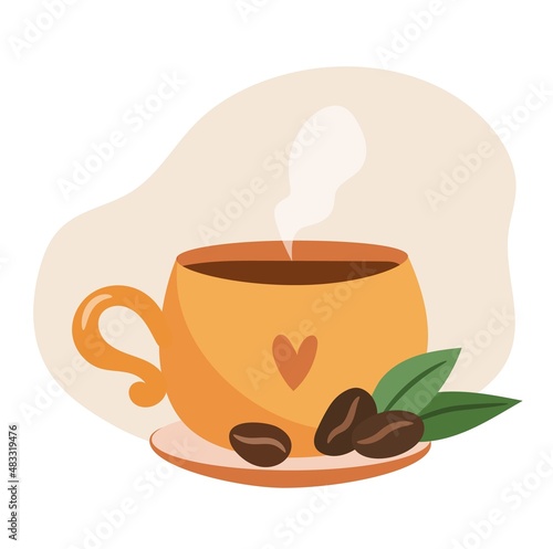 Coffee cup on a saucer with beans in jar. Isolated vector