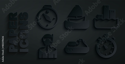 Set Jet ski, Winner podium, Wetsuit for scuba diving, Stopwatch, Yacht sailboat and Compass icon. Vector