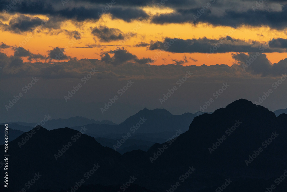 Beautiful sunrise on the top of Mousa Mountain in Egypt, South Sinai