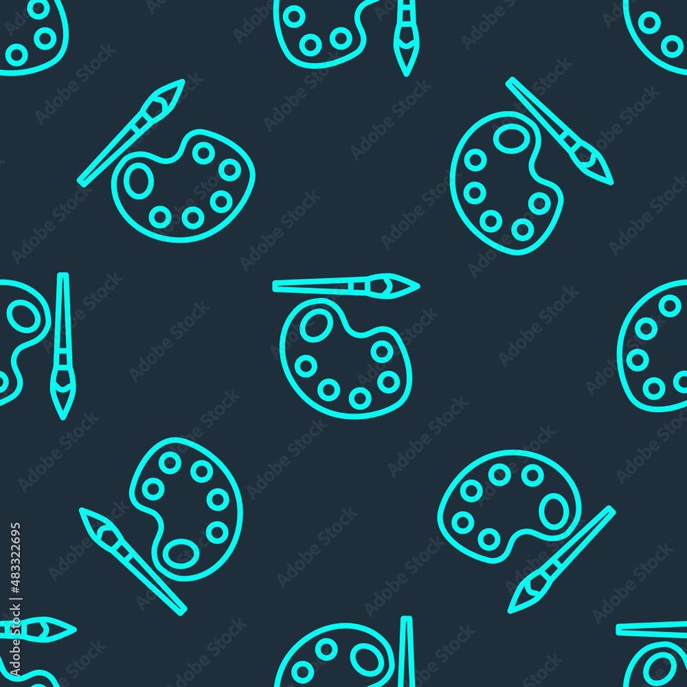 Green line Paint brush with palette icon isolated seamless pattern on blue background. Vector Green line Paint brush with palette icon isolated seamless pattern on blue background. Vector