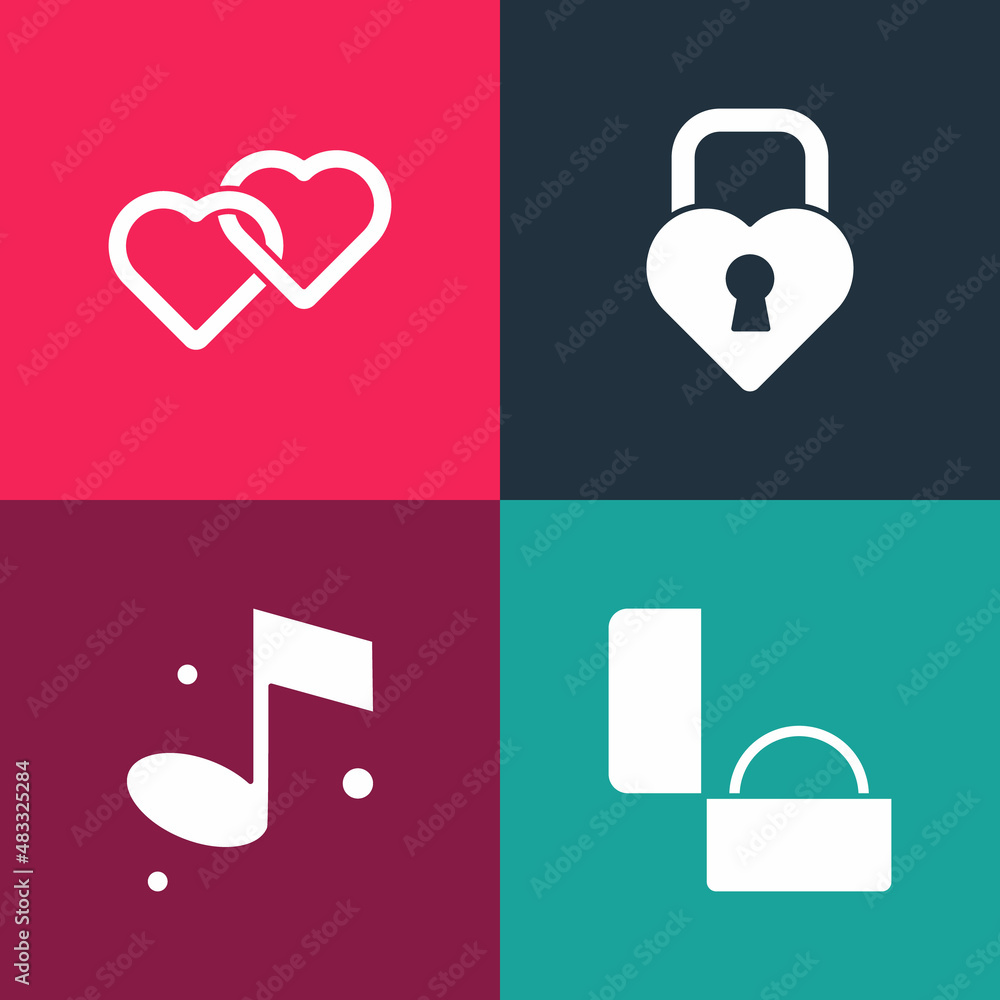 Set pop art Diamond engagement ring, Music note, Castle the shape of heart and Two Linked Hearts icon. Vector Set pop art Diamond engagement ring, Music note, Castle the shape of heart and Two Linked Hearts icon. Vector