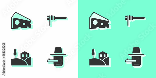 Set Pinocchio, Cheese, Village landscape and Pasta spaghetti icon. Vector