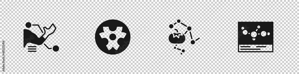 Set Prosthesis hand, Biohazard symbol, Genetically modified food and Chemical formula icon. Vector Set Prosthesis hand, Biohazard symbol, Genetically modified food and Chemical formula icon. Vector