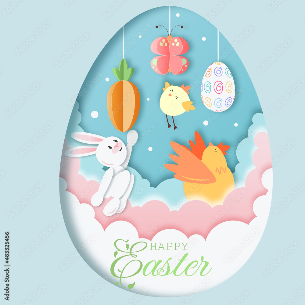 Happy Easter Egg rabbit chicken clouds paper cut effect Happy Easter Egg rabbit chicken clouds paper cut effect