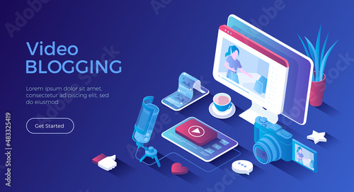 Video blogging. Making video content for blog or vlog in social networks. Video streaming in social media. Isometric landing page. Vector web banner.