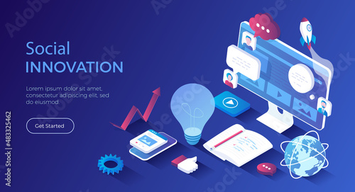 Social Innovation, Idea, Strategy, Technology, Innovative Approaches. Isometric landing page. Vector web banner.