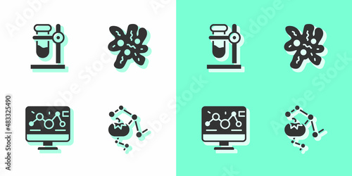 Set Genetically modified food, Test tube flask on stand, engineering modification and Cell icon. Vector