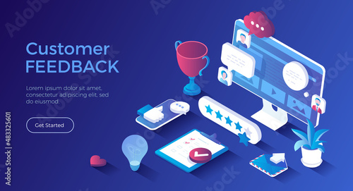 Customer feedback. Five star feedback, site rating, high-ranking concept. Different reviews and comments from clients on the monitor screen. Isometric landing page. Vector web banner.