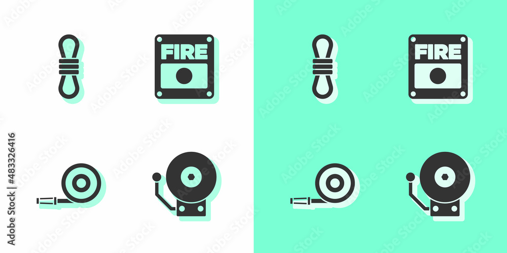 Set Ringing alarm bell, Climber rope, Fire hose reel and system icon. Vector Set Ringing alarm bell, Climber rope, Fire hose reel and system icon. Vector