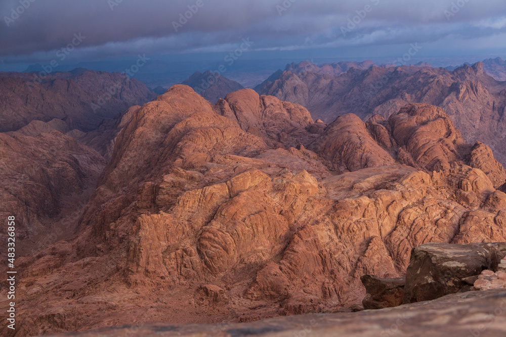 Amazing Sunrise at Sinai Mountain, Beautiful dawn in Egypt, early morning view of the top of Mount Moses