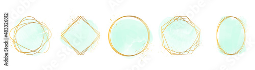 Set of golden frames. Turquoise watercolor. Hand drawn abstract polygonal golden frames. Isolated on white background. Vector illustration