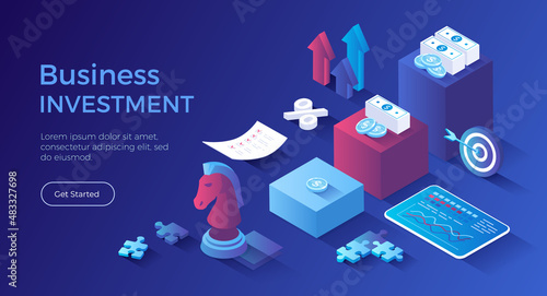 Investment strategy. Financial success from investing. Profit growth steps. Isometric landing page. Vector web banner.