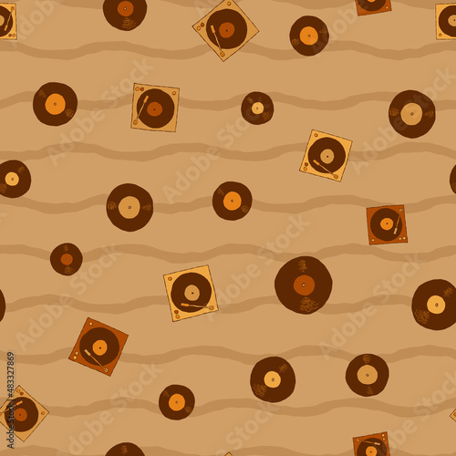 Vector retro turntable record players and vinyl records seamless repeat pattern background. Perfect for fabric, wallpaper, wrapping paper, scrapbooking projects. 
