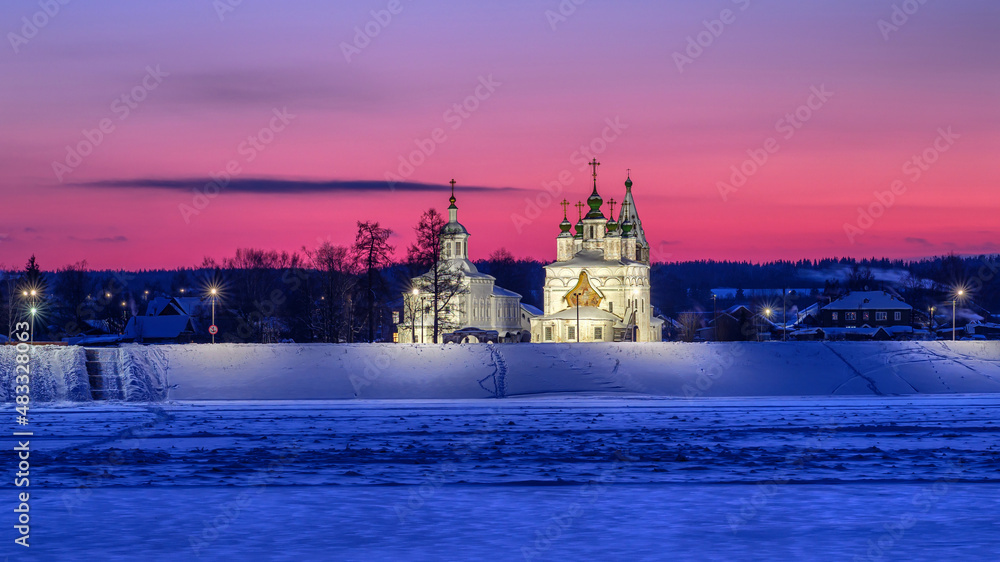 Ancient orthodox church in Veliky Ustyug at sunset.