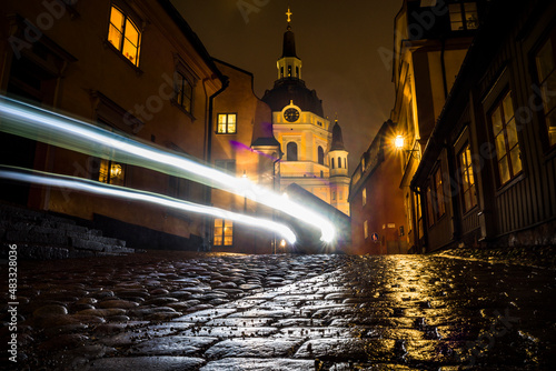 Stockholm, Sweden The Katarina Church at night on Katarina Kyrkobacke on Sodermalm and traffic streaks.  photo