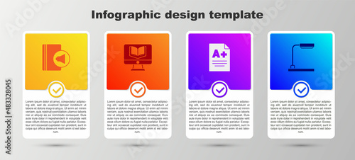 Set Audio book, Online class, Exam sheet with plus grade and Table lamp. Business infographic template. Vector