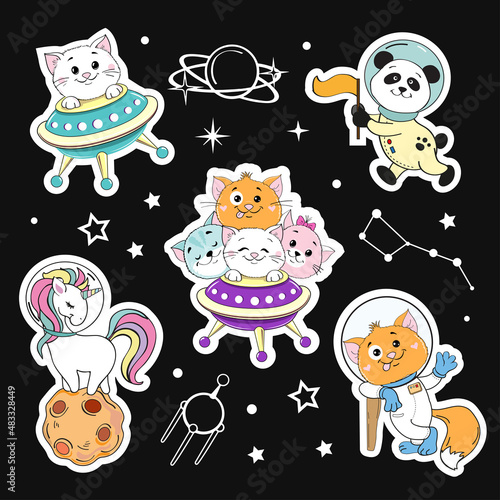 Fashion patch badges with space animals. Astronauts, panda, cats, unicorn, planets, rockets. Vector cartoon illustration collection