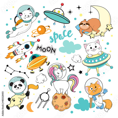 Funny animals in space. Cat, sloth, unicorn. Vector illustration for t-shirts isolated