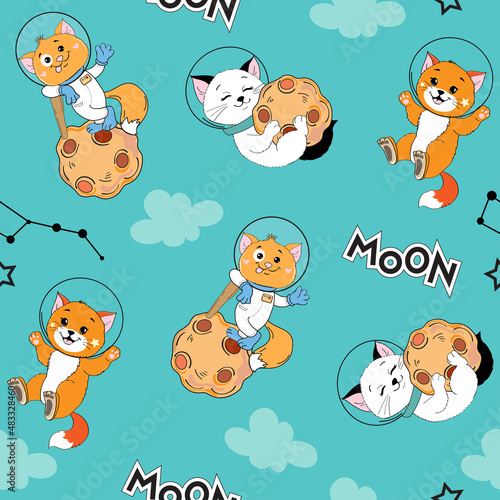 Funny space cats astronaut and the inscription moon seamless pattern. Vector illustration for t-shirt design