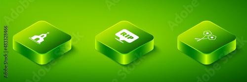 Set Isometric Speech bubble rip death, Flower and Church building icon. Vector