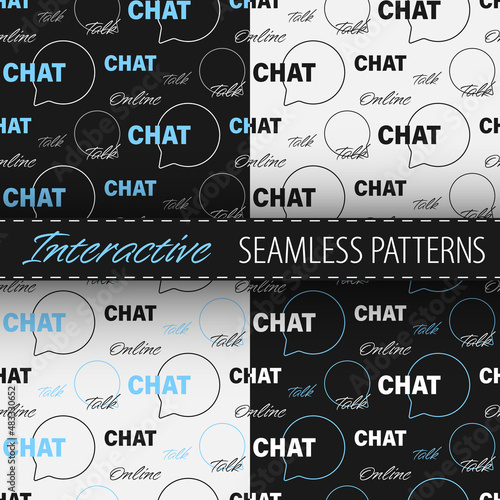 Online chat lettering vector seamless patterns collection. Four different variants in blue, black and white colors. Best for textile, print, wrapping paper, package and business design.