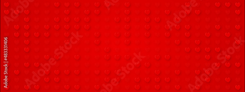 3D bright red hearts with soft shadow. Horizontal banner with blank center. Abstract romantic background. Valentine nubes. Elegant wedding BG. Beautiful valentine s day greeting card. Luxury template