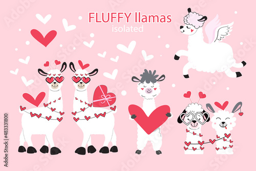 Valentine's day with love llamas collection. Vector illustration isolated