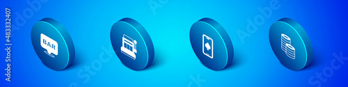 Set Isometric Alcohol bar location, Online poker table game, Casino chips and Slot machine icon. Vector