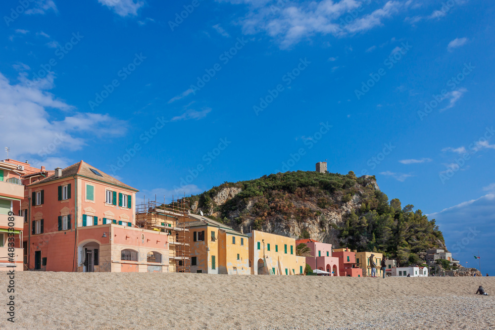 a view of the colorful houses and the beach of the village of Varigotti, in the province of Savona.