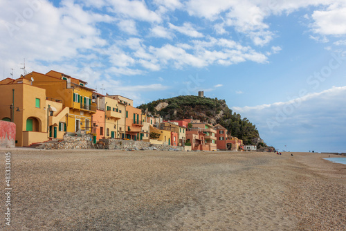a view of the colorful houses and the beach of the village of Varigotti, in the province of Savona. photo