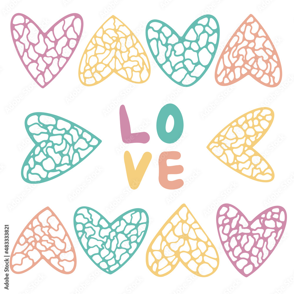 Fototapeta premium LOVE hand drawn lettering and set of abstract neurographic mosaic heart. Valentines Day poster, card, invitation and banner. Romantic bright kids style vector illustration.