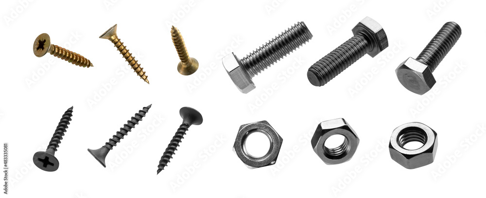 Screws, bolts and nuts on a white background - obrazy, fototapety, plakaty 