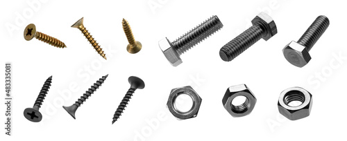 Screws, bolts and nuts on a white background photo