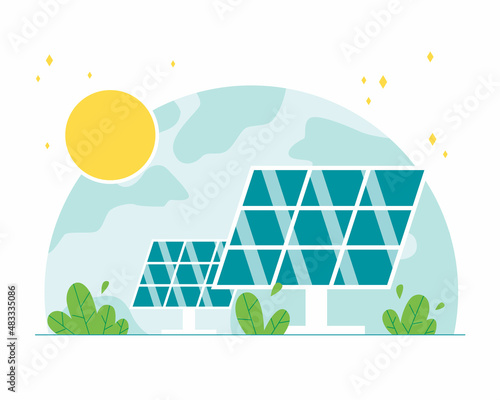 Solar panels, alternative power station. Concept of green energy and renewable energy sources.