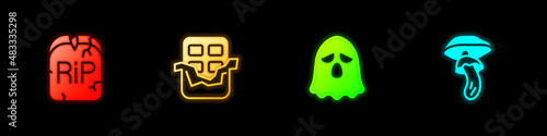 Set Tombstone with RIP written, Chocolate bar, Ghost and Psilocybin mushroom icon. Vector